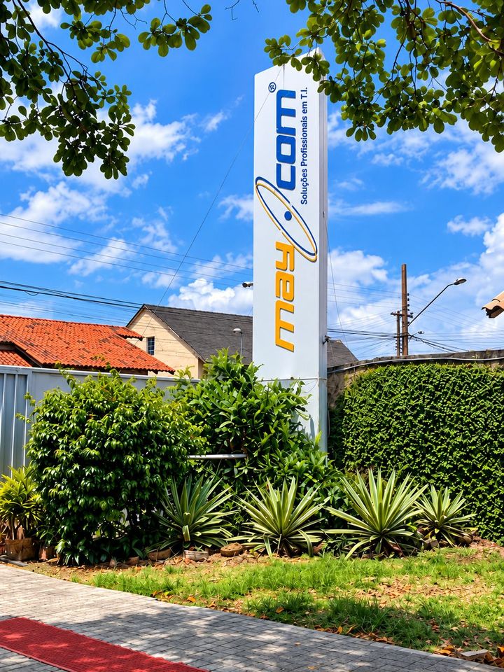 Totem com o logo da MAY COM na entrada da empresa