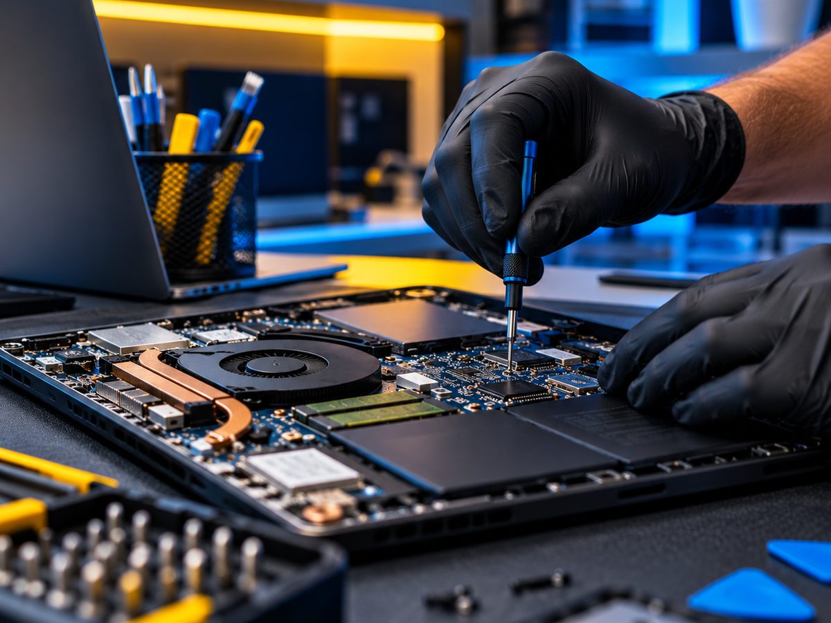 Manutenção na placa de um notebook, na bancada