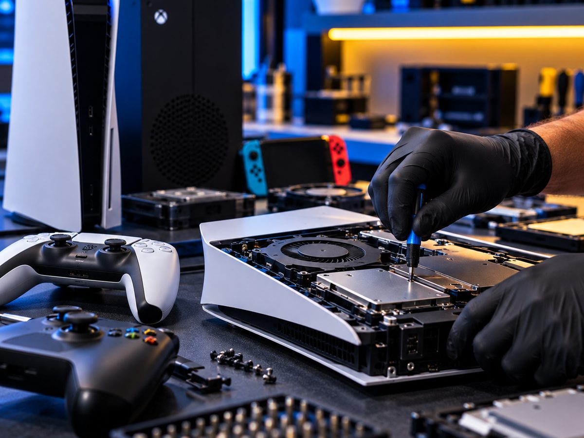 Console de videogame aberto para manutenção na bancada