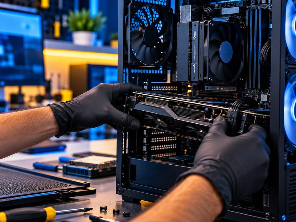 Técnico instalando uma placa de vídeo em um computador de mesa