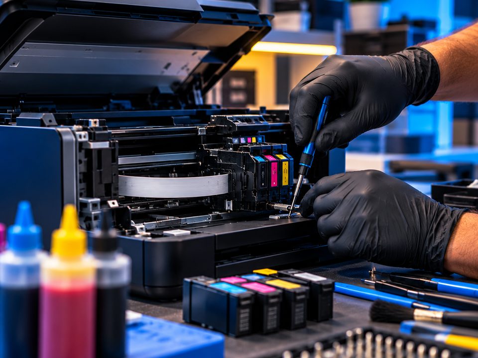 Técnico fazendo a manutenção de uma impressora jato de tinta na bancada